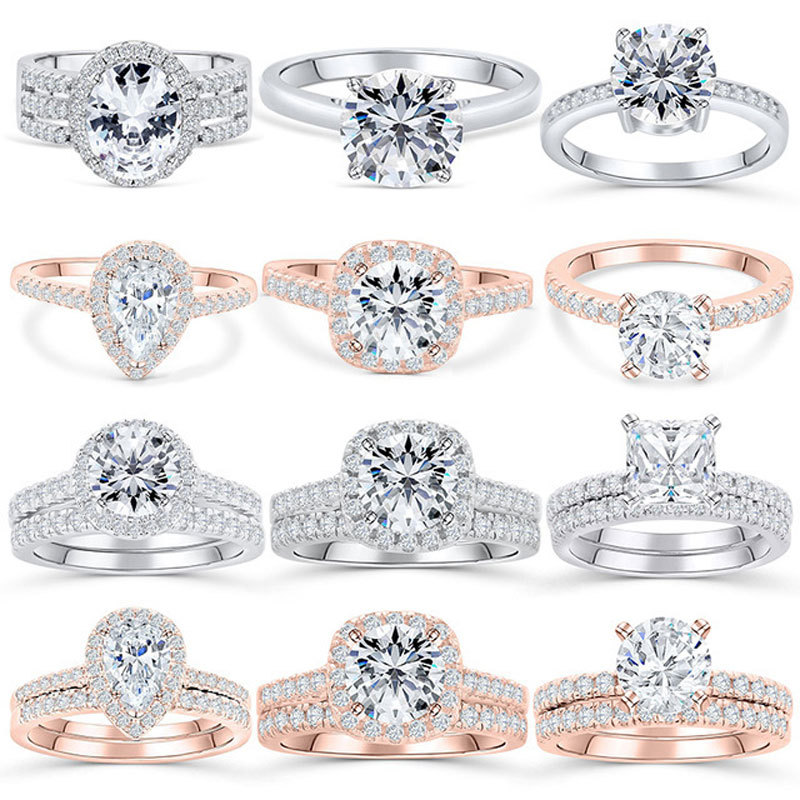 Cross-Border European and American Hot Selling 925 Sterling Silver Ring Ladies Zircon Set Engagement Wedding Wedding Ring Set