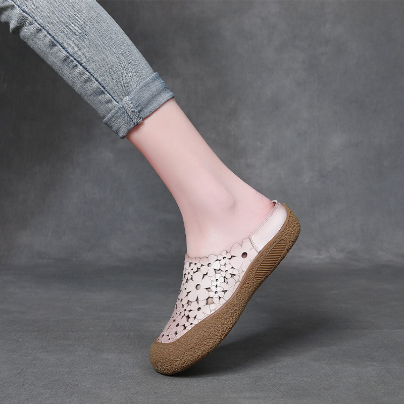 Baotou Half Slippers Women's Summer New Ethnic Style Outer Wear Retro Soft Sole Shoes Flats Sandals Hollow Women's Shoes