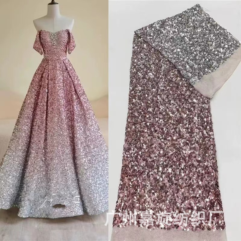 New gradient color sequined embroidered dress fabric silver pink laminated foam embroidered fashion costume fabric JX3826