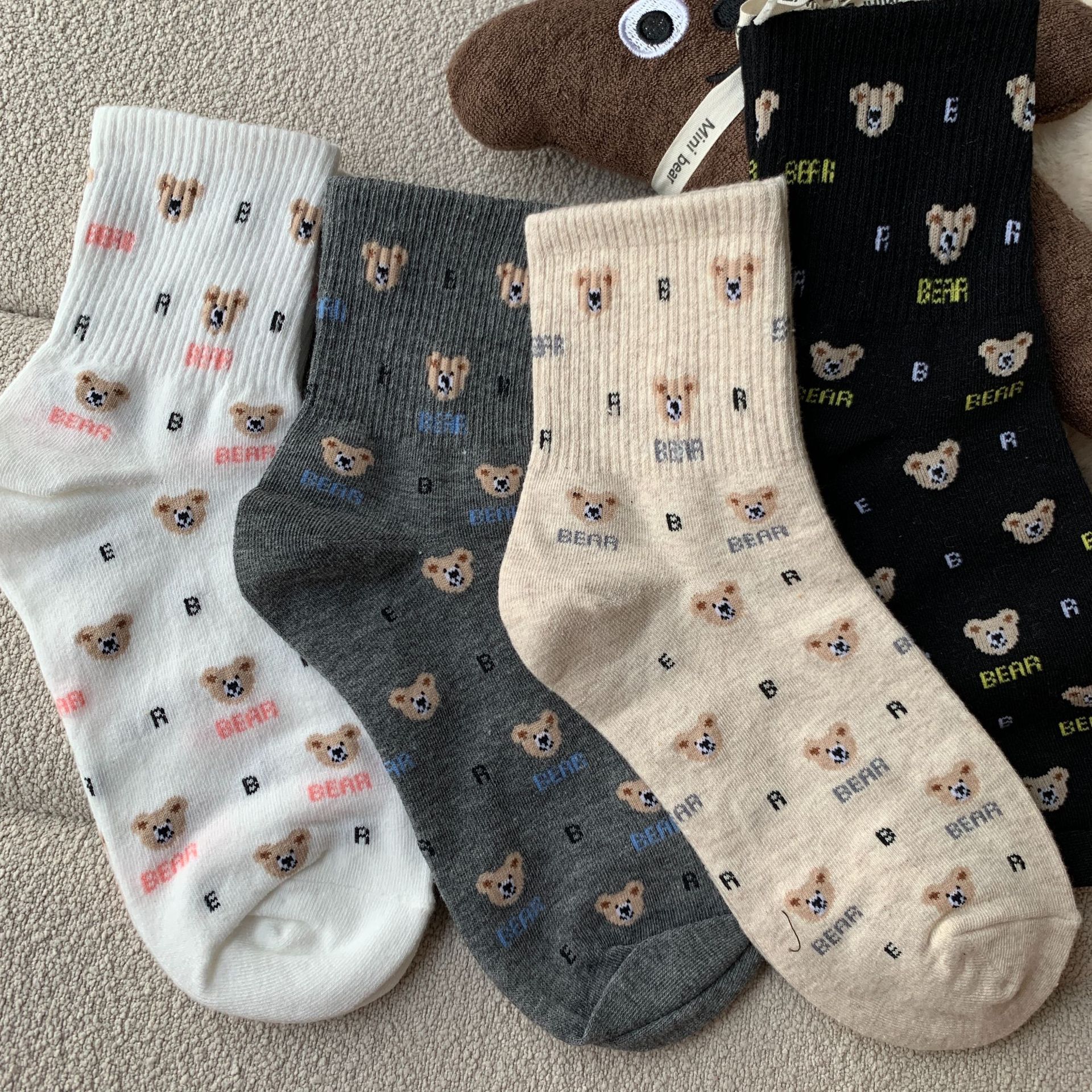 Socks Women's Korean-style Mid-barrel Ins Trendy JK Girl Japanese-style Cute Bear Cartoon Printed Letter Distinctive Stockings