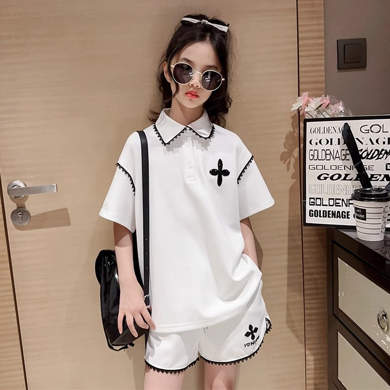 Picture of Girls' Summer Polo Shirt suit Big Children's Summer Girl Lace Lass T-Shirt Shorts Korean Two-piece Fashionable Set