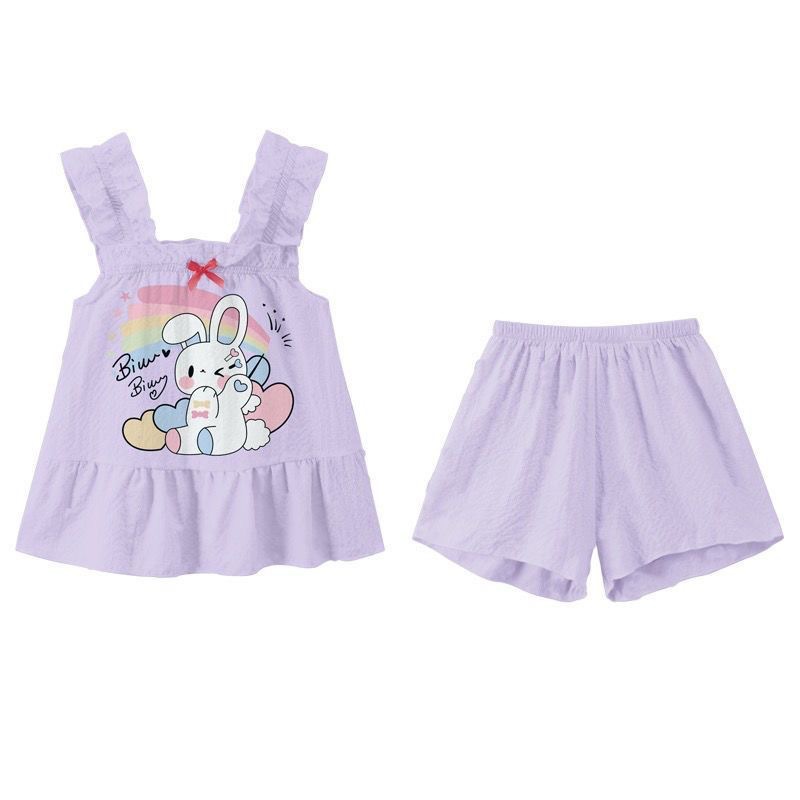 Picture of 2024 new summer thin fashionable cute suspender shorts suit Cartoon Cartoon children and girls pajamas outside