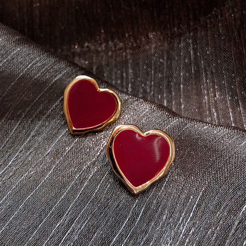 s925 silver needle wine red lovely earrings women's Hong Kong style elegant simple earrings high-grade all-match peach heart earrings