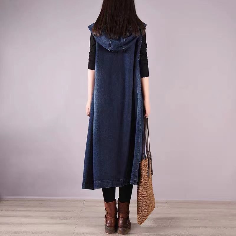 Picture of 2024 Autumn New plus size Loose Long Denim Sleeveless Hooded Vest for Women's Clothing Simple Loose Trendy