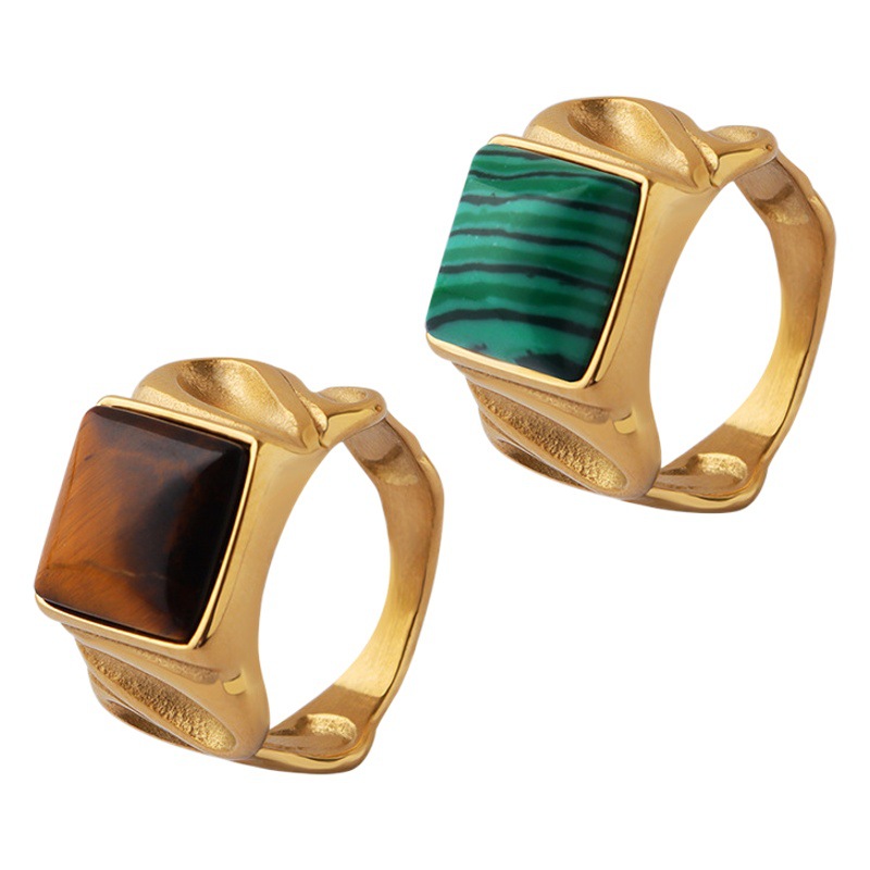 European and American Light Luxury Vintage Personalized Overlapping Wear Ring Natural Stone Tiger Eye Stone Inlaid Titanium Steel Ring Women's Jewelry
