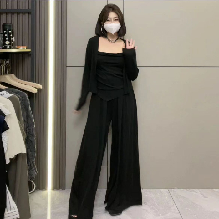 Picture of Lazy Casual Suit for Women Spring & Fall New Style Asymmetrical Suspender Cardigan High-Waisted Floor-Length Pants Slimming Look and Elegant Three-Piece Set