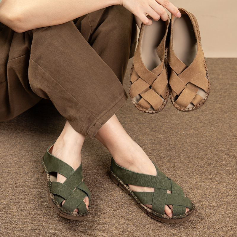Top layer cowhide sandals women hand-woven retro casual leather women's shoes flat comfortable wide strap sandals wholesale