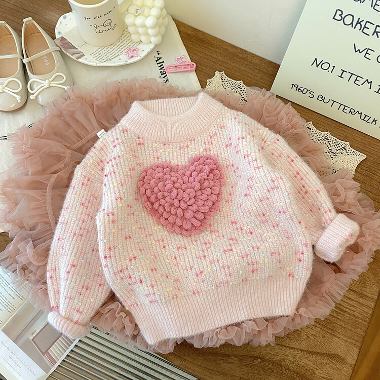 Picture of Girls Korean Style Heart Thickeneded Sweater 2025 Winter Baby Fashionable Warm Kidsren's Winter Thick Sweater