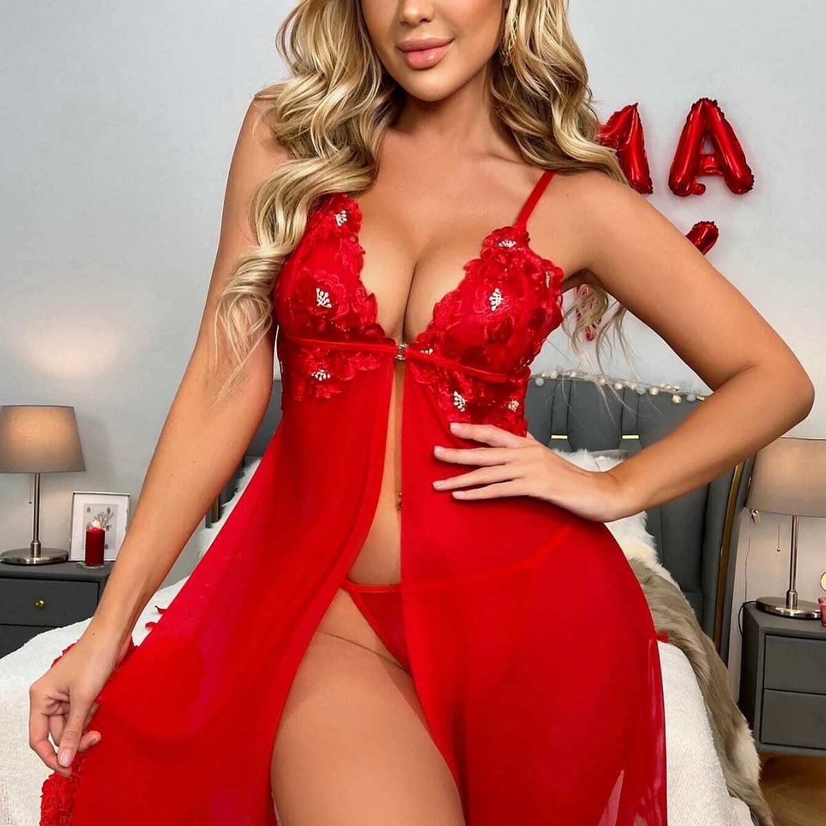 March 2022 New Cross-border Supply Sexy Red Mesh Sling Nightgown Sexy Suit
