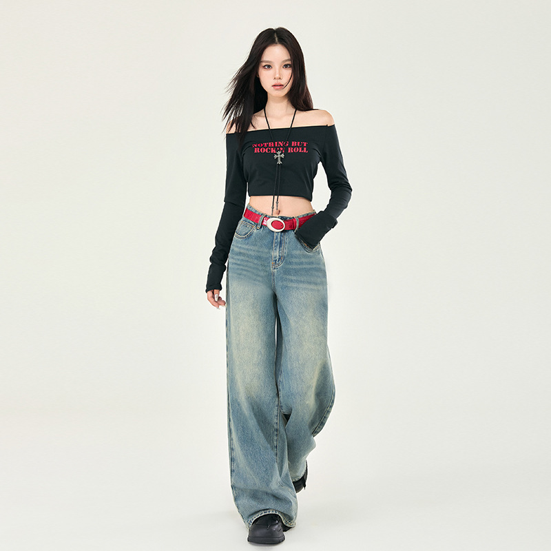 American Retro Nostalgic Wide Leg Jeans Women's 2024 Autumn New Straight Loose High Waist Slim-Fit Mop Pants