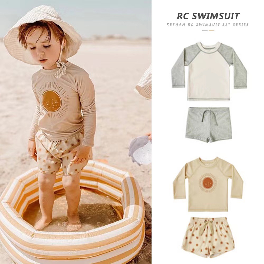 2023 Summer New Children's Holiday Long-sleeved Swimsuit Swimming Trunks Cartoon Baby Boys and Girls Split Swimsuit Set