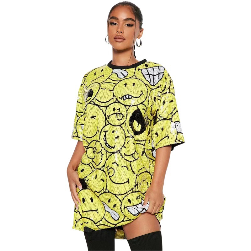 Cross-border European and American women's clothing Amazon explosions online red sequins smiley top women's sexy nightclub hot girl plus size T-shirt