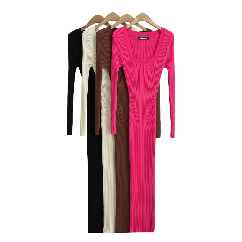 2024 early spring new European and American cross-border ins light mature sheath dress square collar tight long sleeve knitted dress