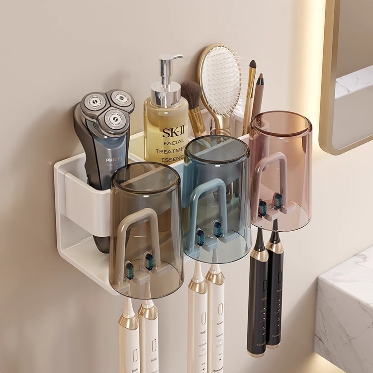 Picture of Toothbrush Storage Rack Non-Punch Brush Cup Mouthwash Cup Rack Wall-Mounted Bathroom Household Toothware Hanger