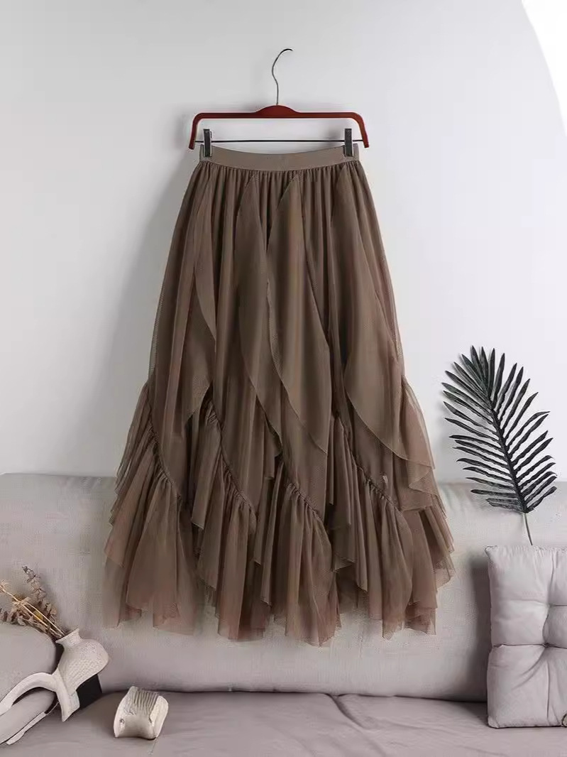 2025 Spring and Summer New Swallowtail Mesh Skirt Plus Size Women's Mid-Length Irregular Slit Patchwork Pleated Skirt