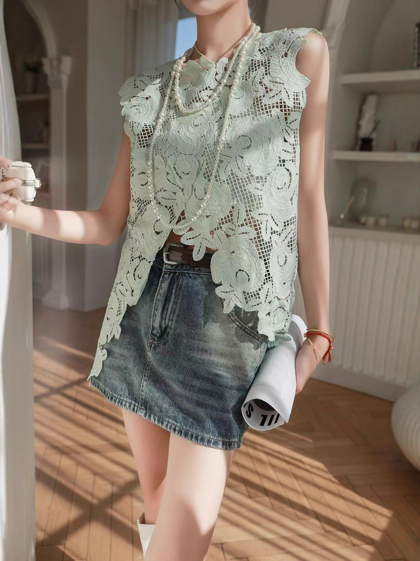 Picture of High-end European summer new unique hook flower hollow irregular hem sleeveless vest lace shirt girl