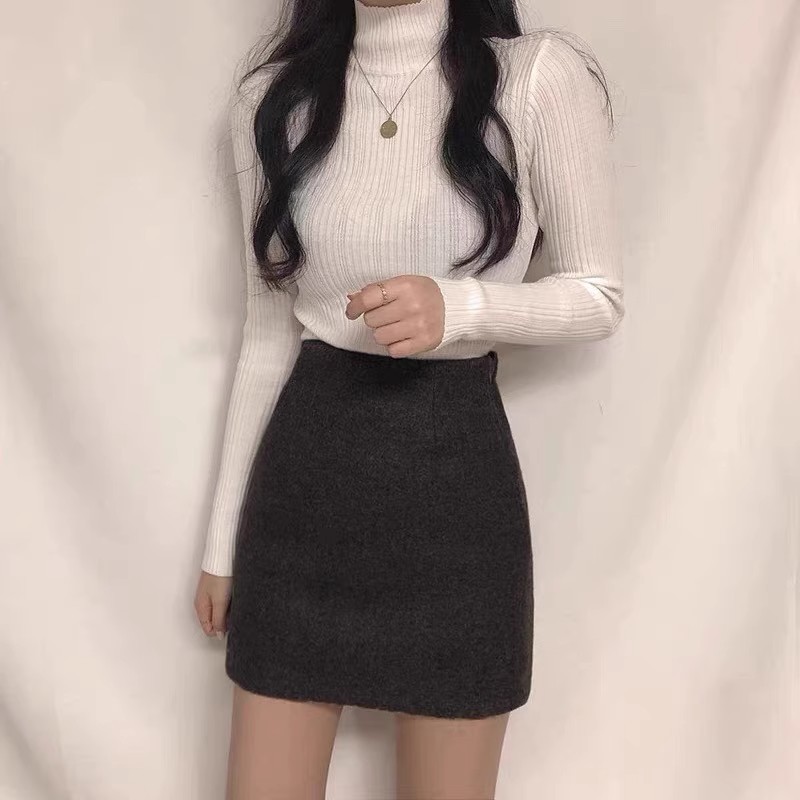 A-Line Skirt Winter Skirt High-Waisted Black Woolen Slim-Fit Bodycon Short Skirt for Petite Women