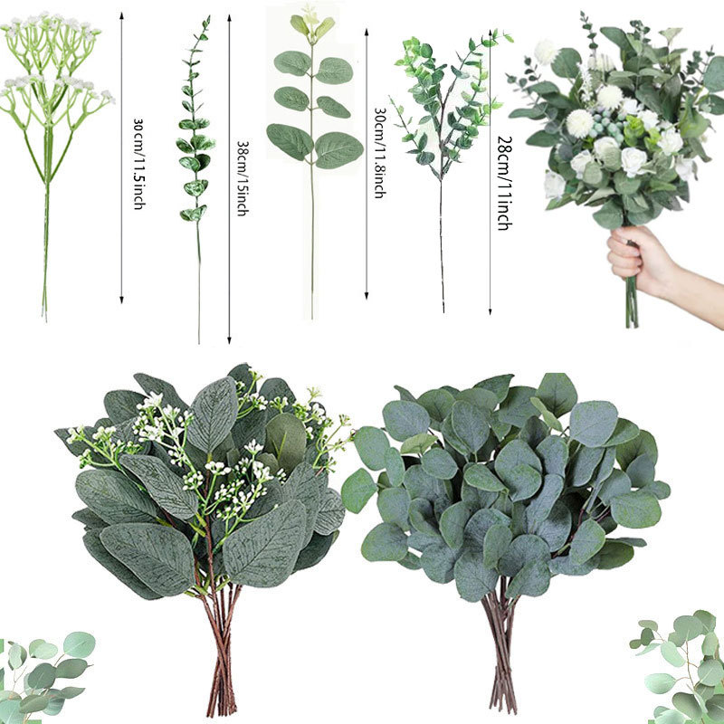Picture of Amazon Cross-Border Artificial Flower Artificial Eucalyptus Leaf Stem Short Silver Dollar Branch Decorative Leaf Simulated Green Plant Plastic Leaf