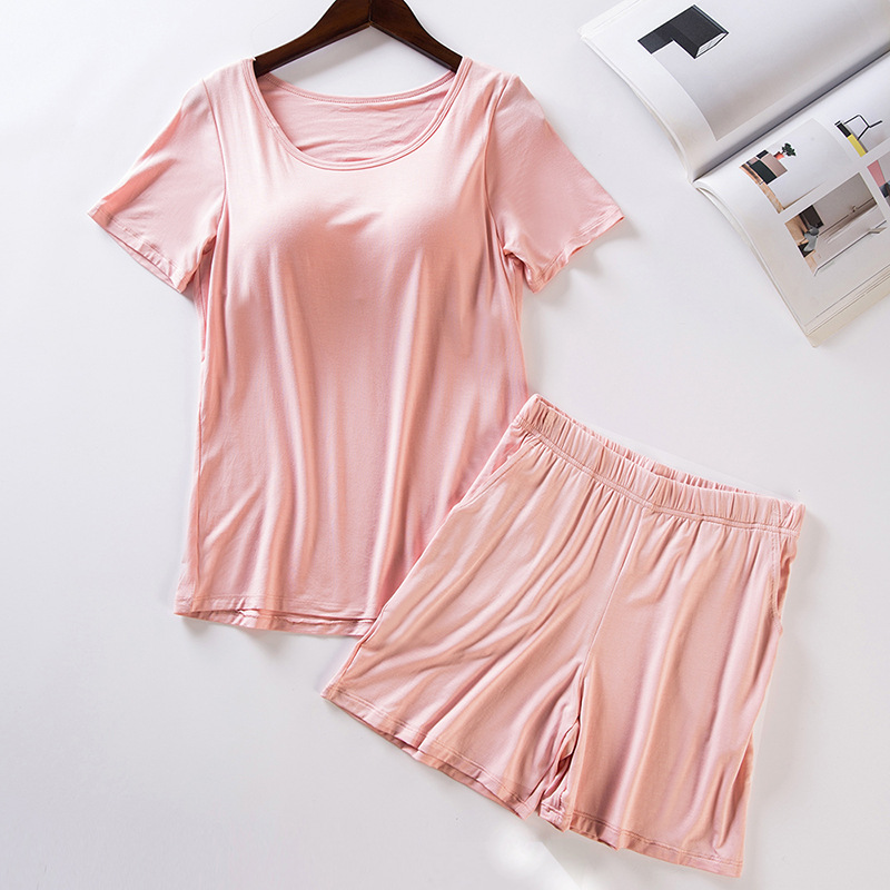 Modal Women's Padded Short-Sleeved Pajamas Set Bra-T All-In-One Bra-Free Half-Sleeved Loose Shorts Home Clothes