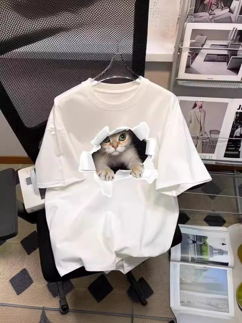 Cotton Women's Short-sleeved T-shirt Trendy Brand Internet Celebrity Loose Round Neck Trendy White Printed Top All-match Base Shirt