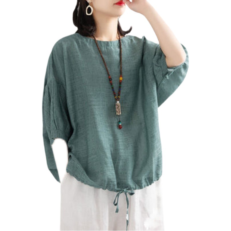 2024 Loose plus size Casual T-shirt Women's Batshirt Hem Drawstring Round Neck Mid-sleeve Imitation Cotton and Hemp Shirt Top for Summer