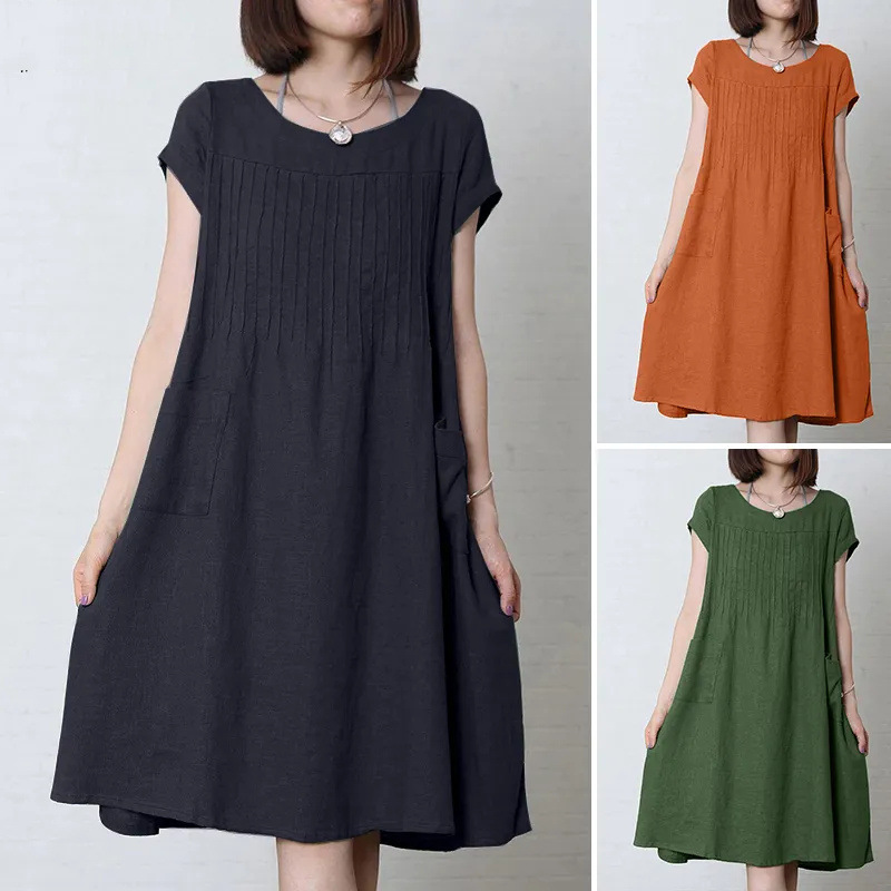 2024 Europe and the United States cross-border foreign trade new skirt fashion loose solid color pocket round neck short sleeve cotton linen dress women
