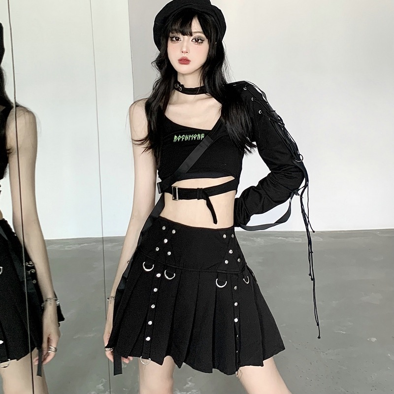 American Style Black Hot Girl suit Women's Design Short Vest Camisole Top Vintage Frock Skirt Three-Piece Set