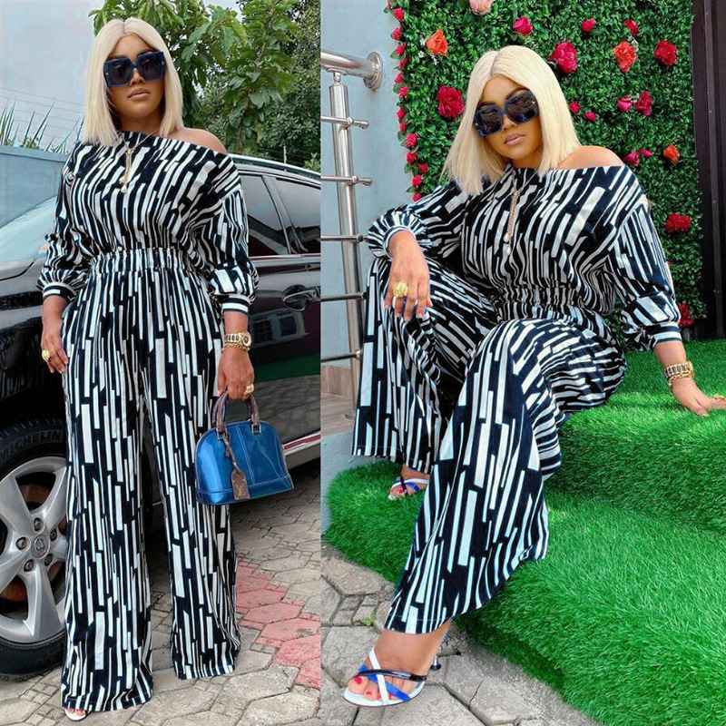 Picture of Explosions wish Europe and America 200 Jin plus size Women's Stripe Printed Oblique Long Sleeve Shoulder Loose Fashion Leisure suit Women