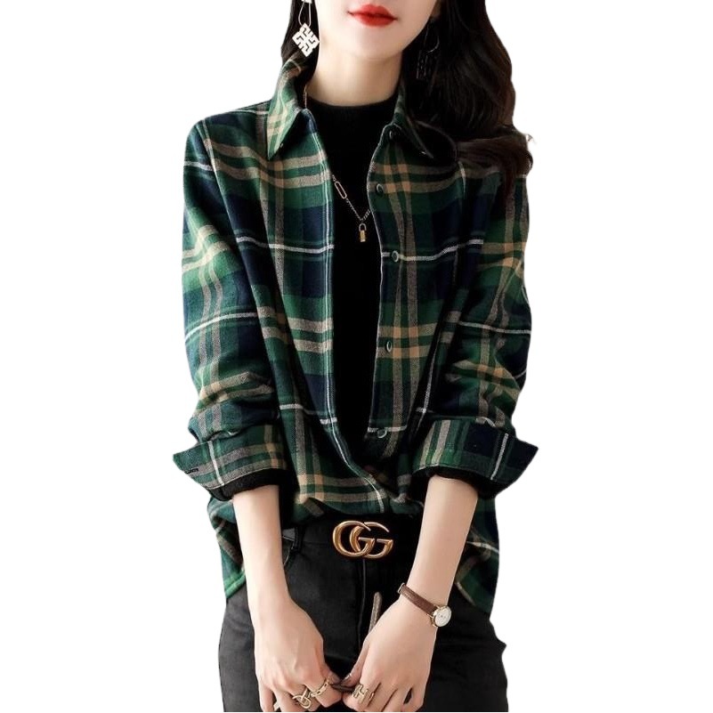 Picture of Brushed Plaid Long-Sleeved Shirt for Women Spring Cross-Border Retro Versatile Casual Shirt Loose Outer Top Jacket Trendy