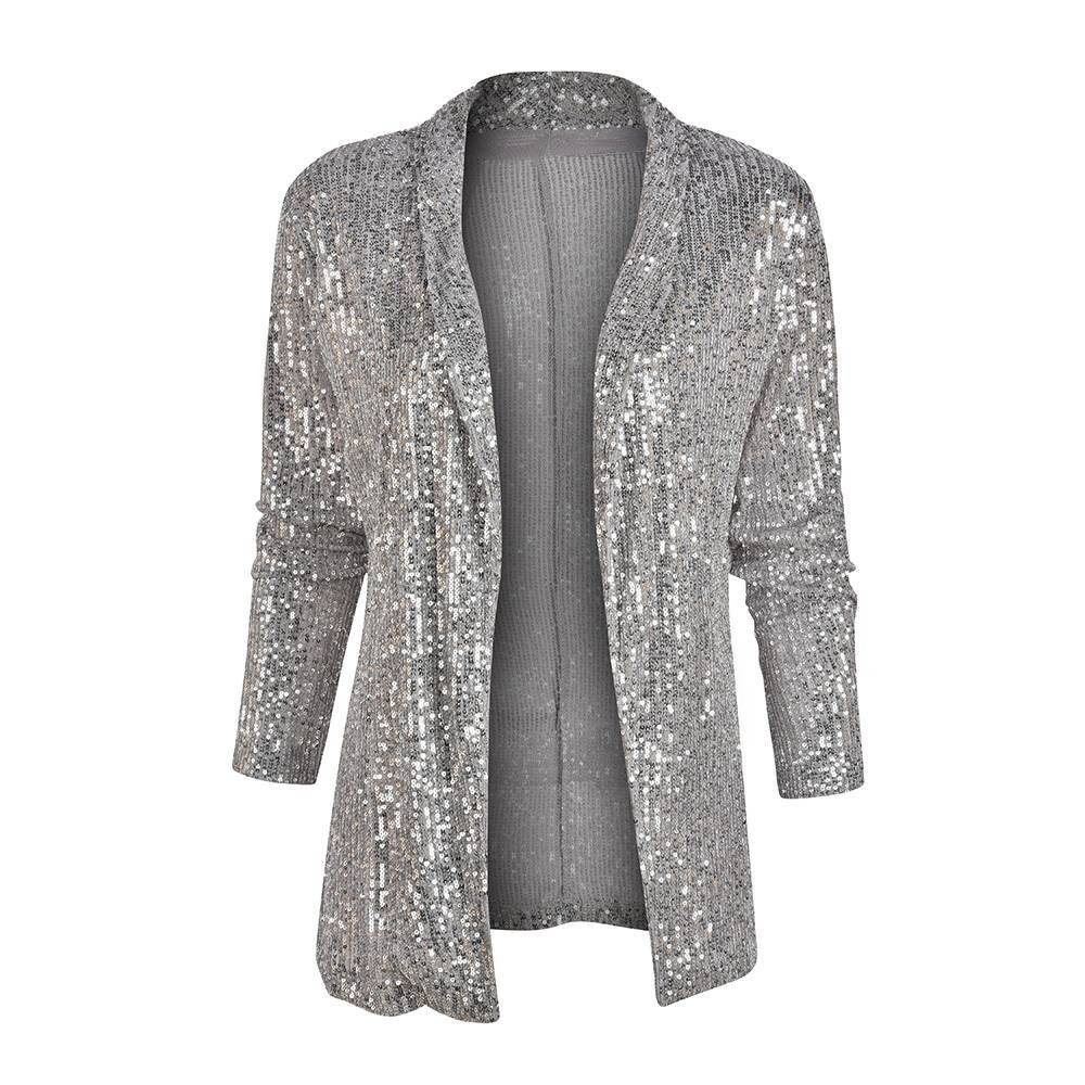 Picture of 2025 Spring New European and American Amazon Sequined Long-Sleeved Elegant Mid-Length Small Suit Lapel Pure Color Jacket for Women