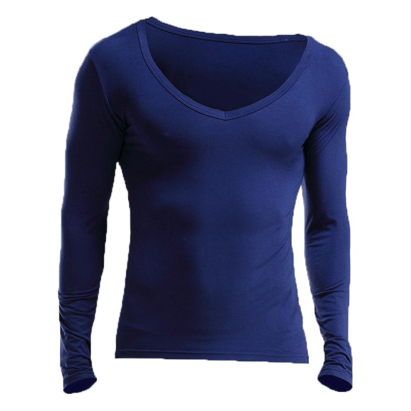 Single Layer Autumn and Winter Men's Thin Base Shirt Men's Big V Low Collar Long Sleeve Base Shirt Men's Warm Clothes Tight Autumn Clothes