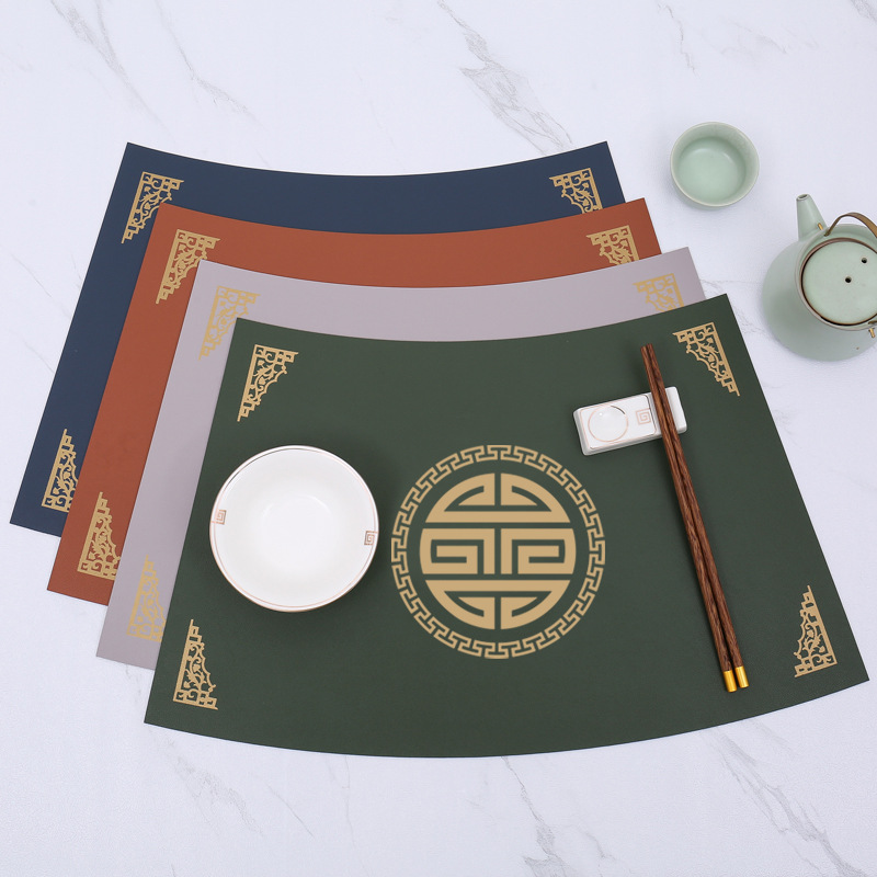 Round Table Fan-Shaped Dining Table Mat Leather Oil-Proof and Waterproof Placemat Chinese Style Plate Mat Bowl Mat Custom Fortune Mat Desktop