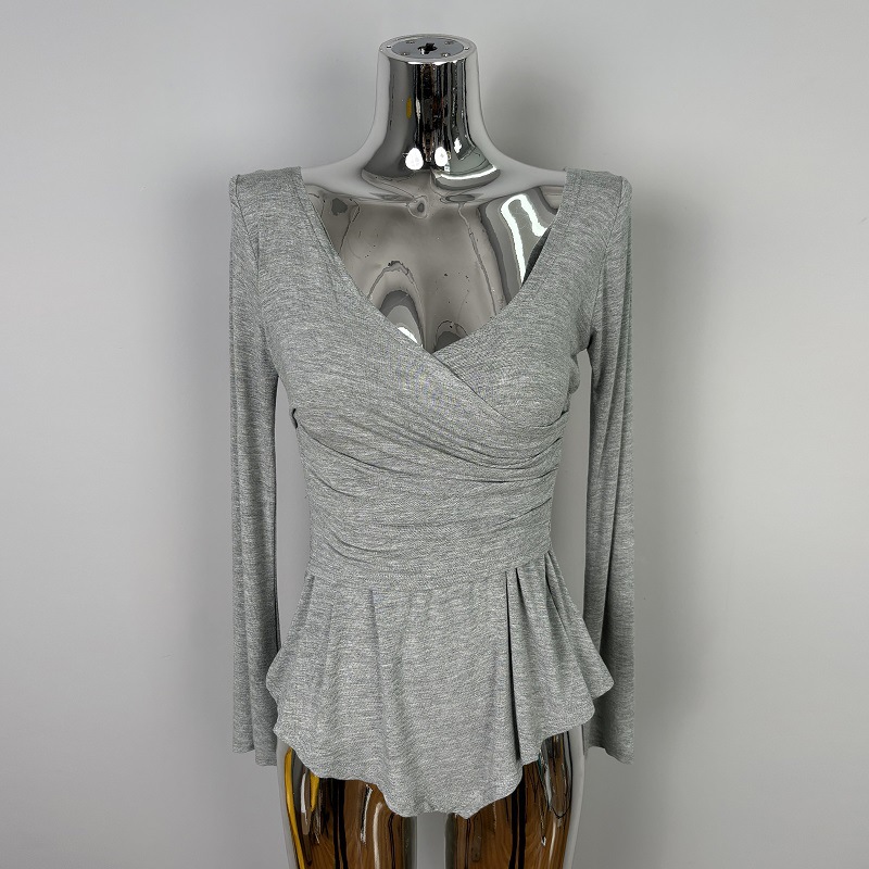 Picture of South Korea's Dongdaemun New Slim Fit Sexy Sexy Feminine Cross V Neck Waist Long-Sleeved T-Shirt Top Trendy