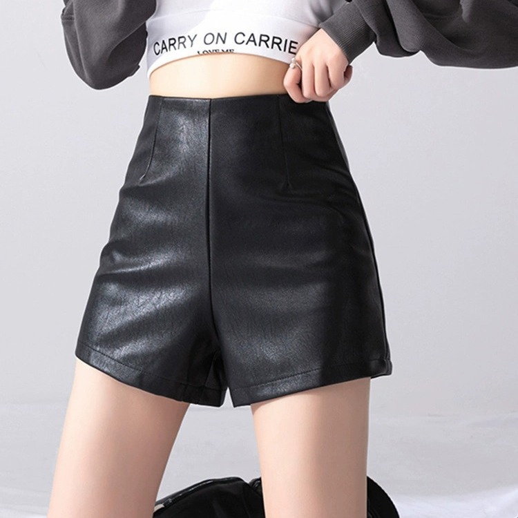 Small PU Leather Pants Shorts Women's Outer Wear 2023 Autumn and Winter New Black High Waist A- Shaped Base Boots Pants