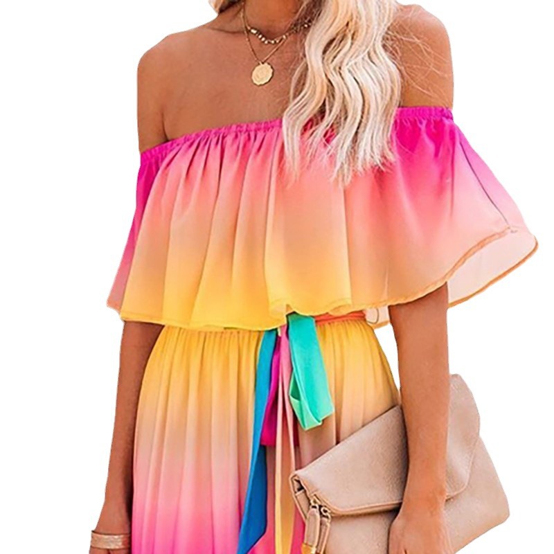 Picture of 2025 Summer Export New Wish Style Rainbow Gradient Dress Amazon Ebay One-Line Collar Cross-Border Dress