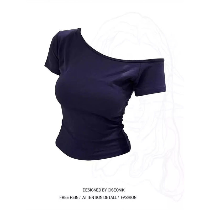 Ribbed American Letter Slant Collar Off-Shoulder Pure Desire Short T-Shirt Summer Sexy Waist Slimming Short-Sleeved Top for Women