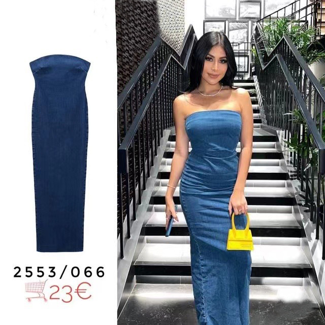 2023 European and American style short sleeve spring and summer new style back zipper Denim wrap chest dress women's 2553066 fashion