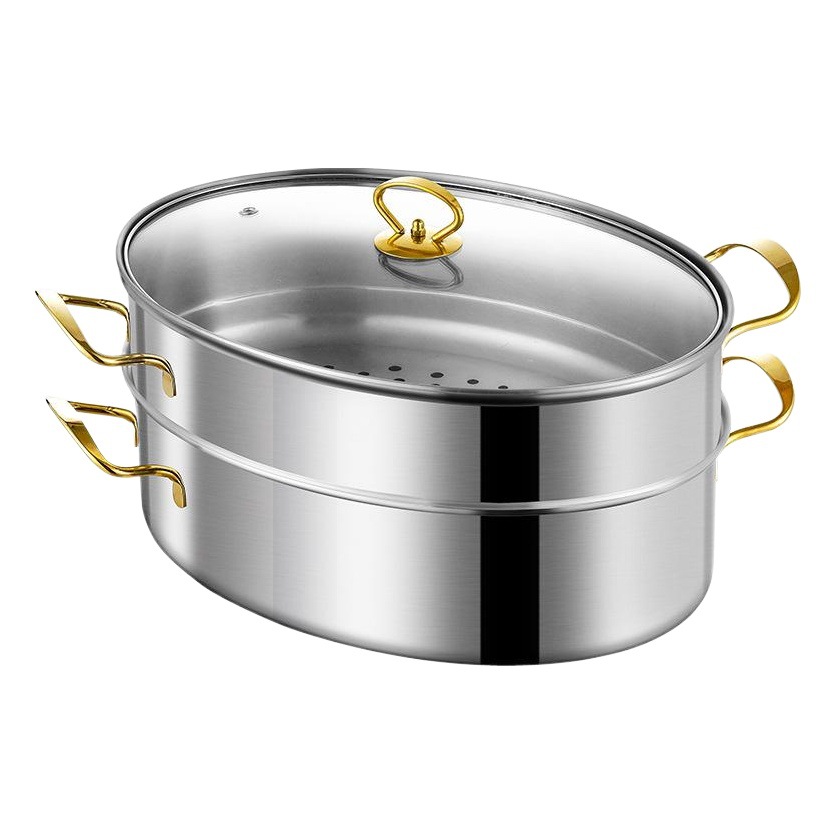 Fish Steamer Pot Household Artifact 304 Stainless Steel Large Capacity Large Steamer Steamer Induction Cooker Oval Fish Pot 2 Layers