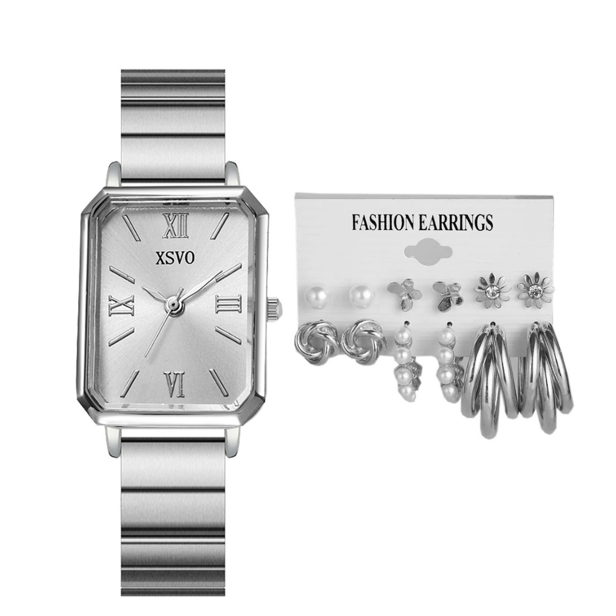 Picture of New Fashion Arabian Pin Mixed Scale Bamboo Steel Band Women Quartz Watch Earrings suit 13pcs