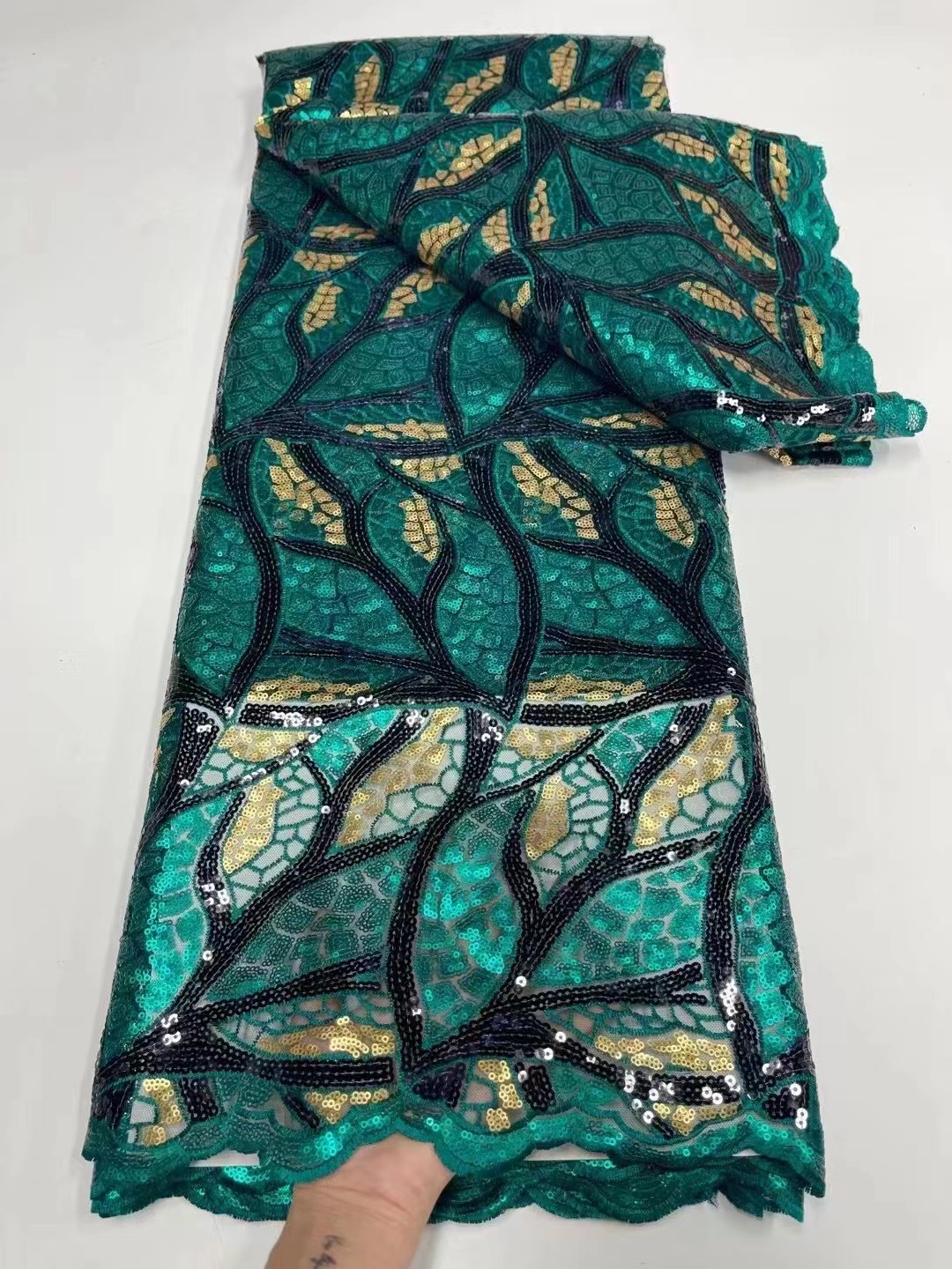 Picture of Green Sequin Cloth Mesh Bead Piece Cloth Performance Embroidery Clothing Lace Fabric Europe and America Africa Lace Fabric JX1290