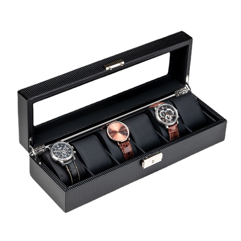 Picture of Carbon Fiber Pattern Leather Watch Box Glass Skylight Wrist Watch Mechanical Watch Bracelet Jewelry with Lock Storage Display Box