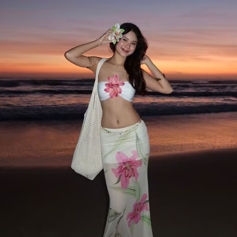 2025 New Beach Printed Vacation High Waist Long Dress Slim Photo Card Strapless Bikini Swimsuit Women Sanya