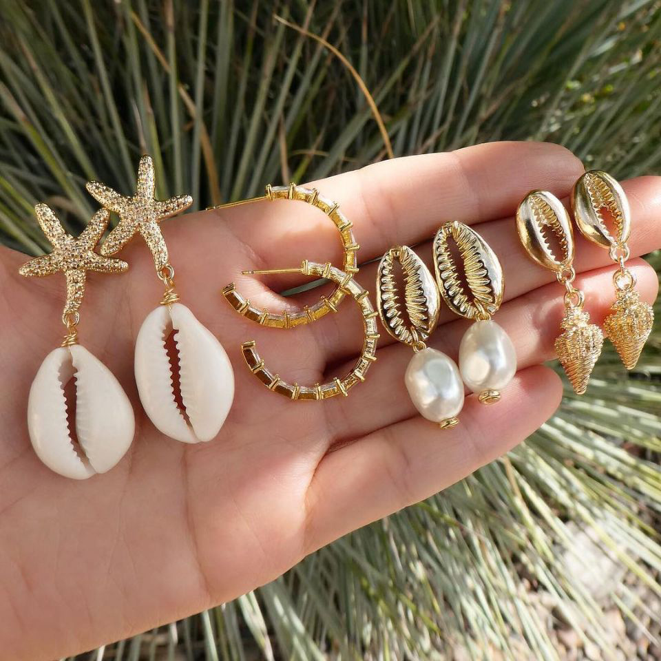 Cross Border Earrings Bohemian Shell Irregular Pearl Conch Sea Star Earrings Drop Earrings 4 Pair Set