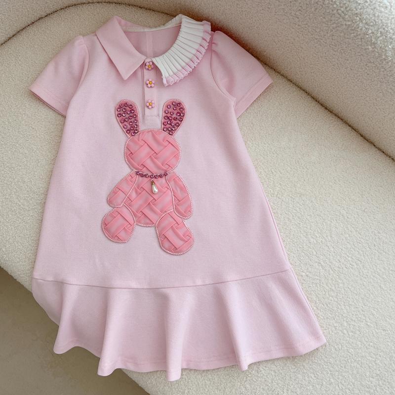 Girls Fashion Irregular Polo dress Children's Summer Design Sense Niche Cartoon Rabbit Pink Sweatshirt Dress