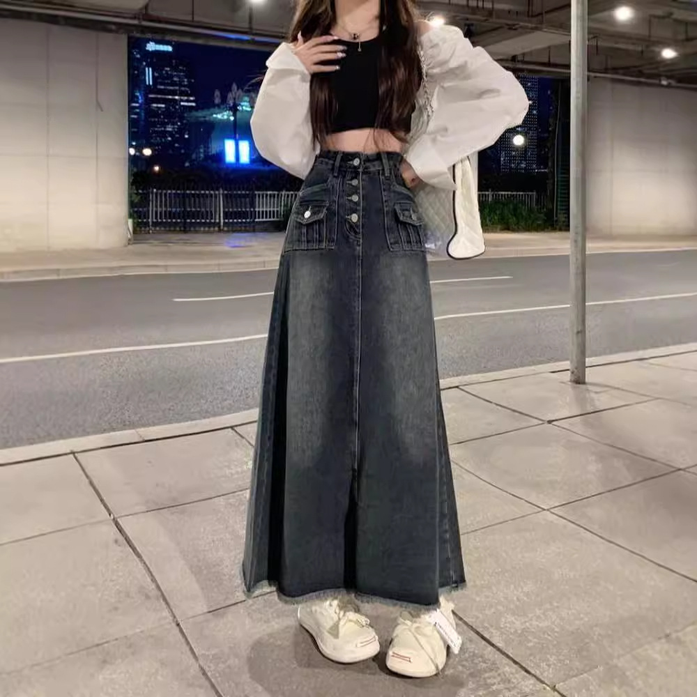 plus size chubby girl High Waist Denim Skirt Women's Spring and Summer New Retro Design Niche A- Line Mid-Length Skirt
