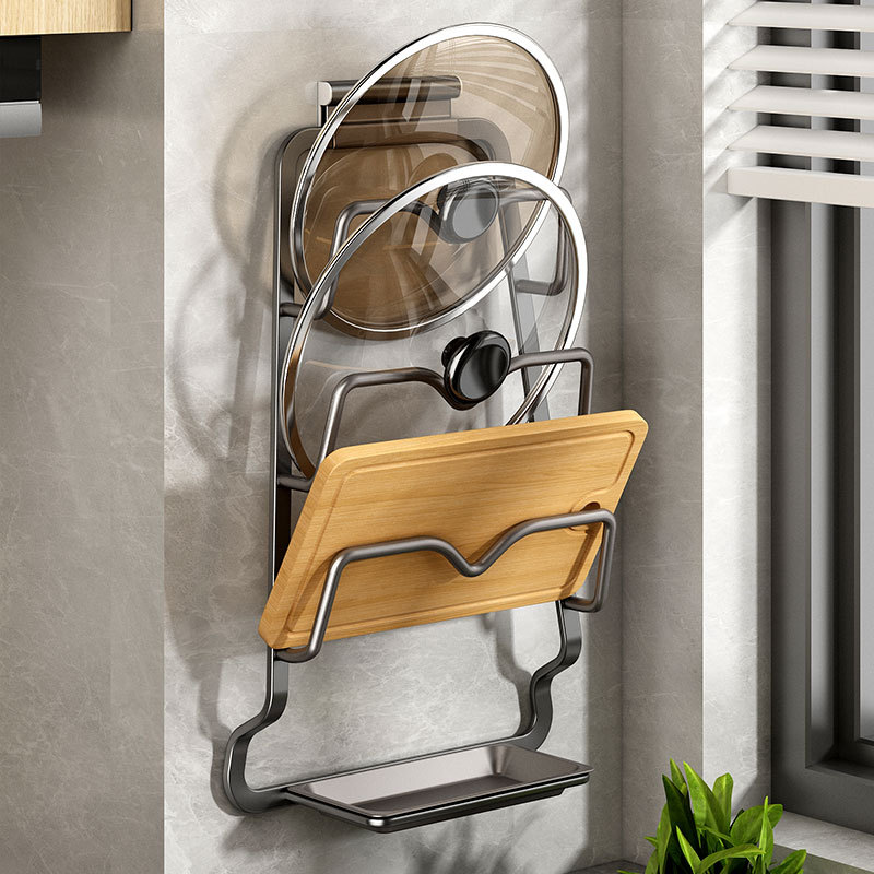 Pot Cover Rack Wall-mounted Non-perforated Kitchen Storage Rack Multi-functional Household Storage Artifact Placer Chopping Board Rack