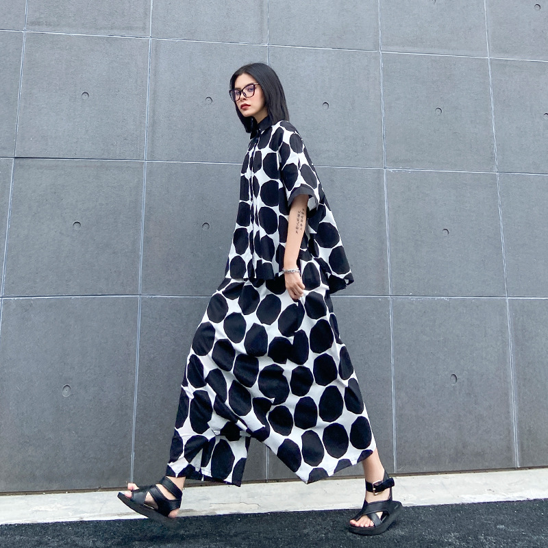 European station plus size women's summer thin loose bat short-sleeved shirt casual polka dot harem pants two-piece suit