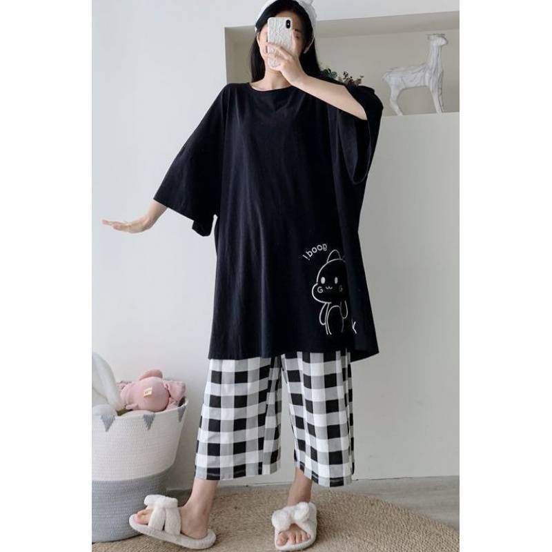 Plus Size Short-Sleeve Shirt and Capri Pants Set Summer Loungewear for Chubby Girls 100kg Loose Plus Size