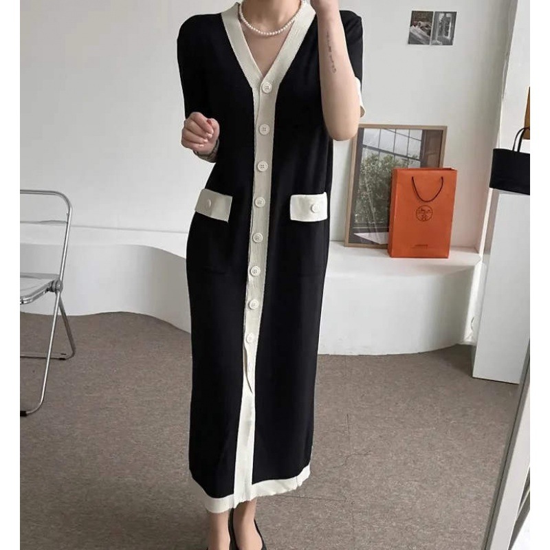 South Korea Chic Summer V-Neck Single-breasted Patchwork Long Dress Design Pocket Thin Ice Silk Knitted dress 7563