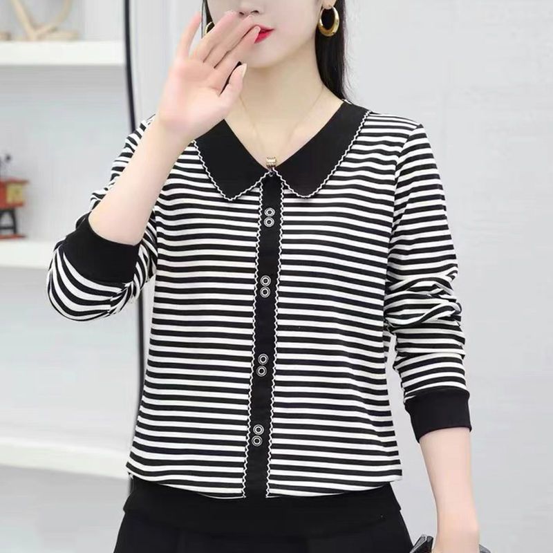 Picture of Strict selection of new doll collar striped long sleeve T-shirt middle-aged mother plus size women's button slim casual top women